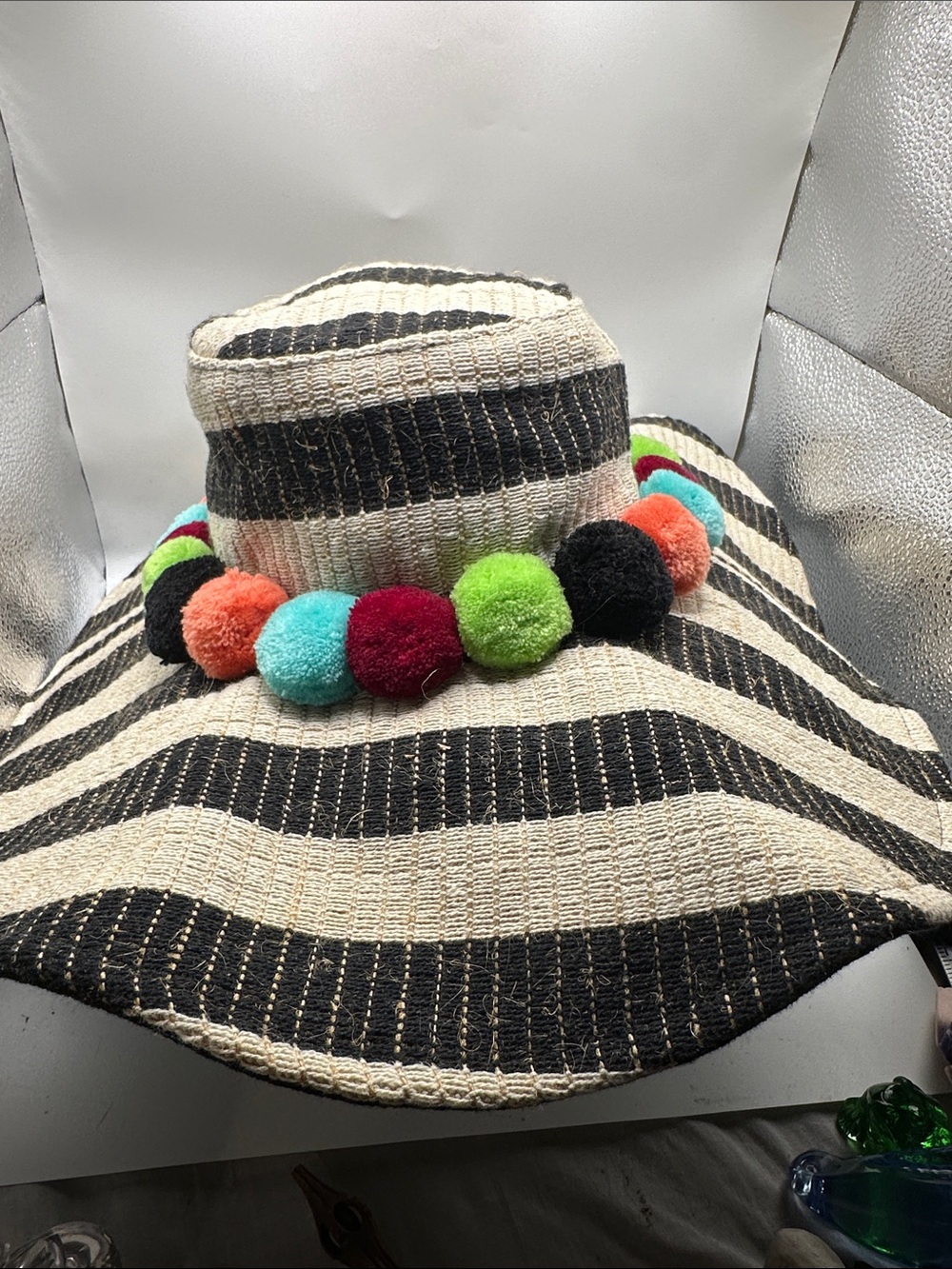 Striped Wide Brim Sun Hat with Colorful Pom Pom Trim